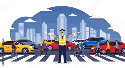 Flat vector illustration of traffic officer directing vehicles and pedestrians at busy intersection. Solid bold colors, clean urban setting, no gradients, public safety theme