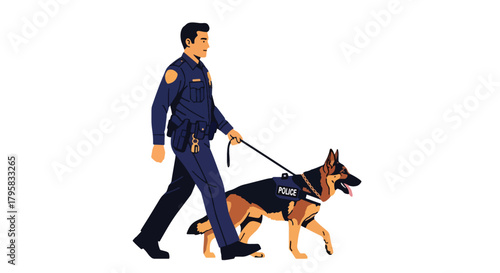 Flat vector illustration of police officer patrolling with trained K9 dog. Solid tones, minimal background, no gradients, partnership and safety concept in law enforcement
