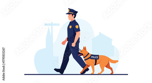Flat vector illustration of police officer patrolling with trained K9 dog. Solid tones, minimal background, no gradients, partnership and safety concept in law enforcement