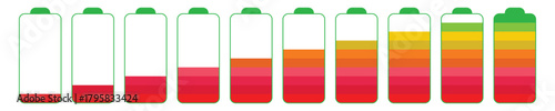 Battery level indicators. Colorful battery charge level icons in outline defrent style