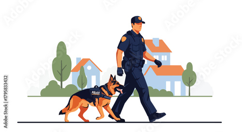 Flat vector illustration of police officer patrolling with trained K9 dog. Solid tones, minimal background, no gradients, partnership and safety concept in law enforcement