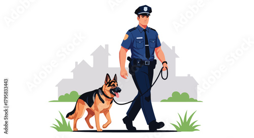Flat vector illustration of police officer patrolling with trained K9 dog. Solid tones, minimal background, no gradients, partnership and safety concept in law enforcement