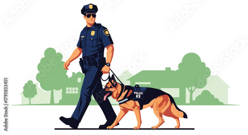 Flat vector illustration of police officer patrolling with trained K9 dog. Solid tones, minimal background, no gradients, partnership and safety concept in law enforcement