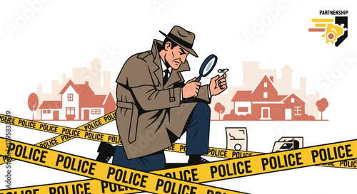 Flat vector illustration of detective examining evidence with magnifying glass near police tape. Solid warm palette, clean composition, no gradients, investigation scene concept