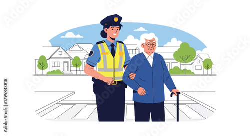 Flat vector illustration of police officer assisting elderly citizen crossing city street. Solid pastel tones, no gradients, friendly community safety concept in law enforcement