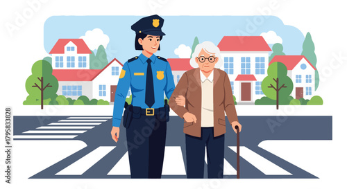 Flat vector illustration of police officer assisting elderly citizen crossing city street. Solid pastel tones, no gradients, friendly community safety concept in law enforcement