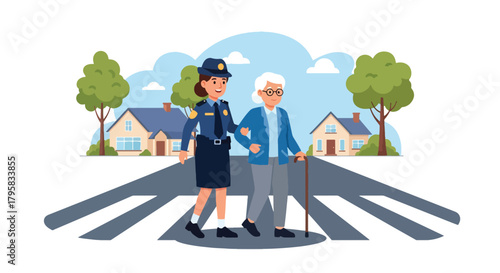 Flat vector illustration of police officer assisting elderly citizen crossing city street. Solid pastel tones, no gradients, friendly community safety concept in law enforcement