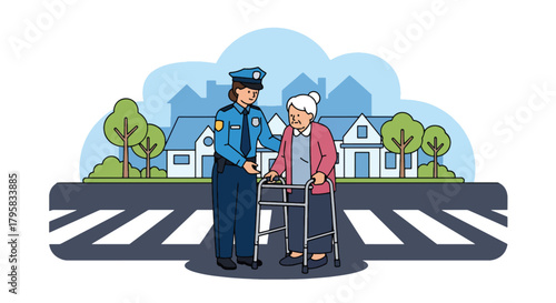 Flat vector illustration of police officer assisting elderly citizen crossing city street. Solid pastel tones, no gradients, friendly community safety concept in law enforcement