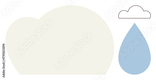 Large cream cloud and blue raindrop symbolizing precipitation, weather systems, and sustainability. Ideal for weather, climate, science, education, eco-awareness simplicity metaphors. Clean flat