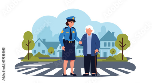 Flat vector illustration of police officer assisting elderly citizen crossing city street. Solid pastel tones, no gradients, friendly community safety concept in law enforcement