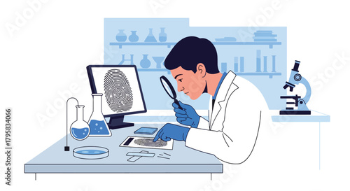 Flat vector illustration of forensic expert analyzing fingerprint samples in lab. Solid clean tones, no gradients, detailed investigation and scientific law enforcement concept