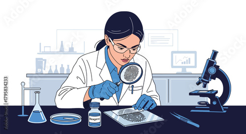 Flat vector illustration of forensic expert analyzing fingerprint samples in lab. Solid clean tones, no gradients, detailed investigation and scientific law enforcement concept