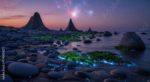 Magical Bioluminescent Beach at Twilight with Starry Sky.