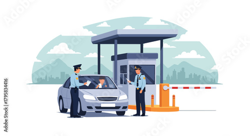 Flat vector illustration of officers checking vehicle at border checkpoint. Solid bold palette, clean layout, no gradients, travel safety and security inspection theme