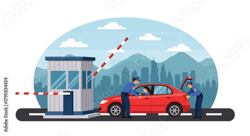 Flat vector illustration of officers checking vehicle at border checkpoint. Solid bold palette, clean layout, no gradients, travel safety and security inspection theme