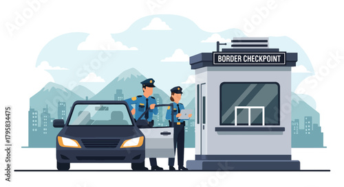 Flat vector illustration of officers checking vehicle at border checkpoint. Solid bold palette, clean layout, no gradients, travel safety and security inspection theme