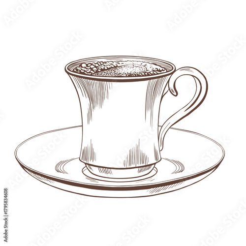 Coffee cup with black coffee and foam on a classic porcelain saucer in black and white vector style.Classic ceramic coffee pair with eastern slender handle.For cafe logos,menu,and food branding