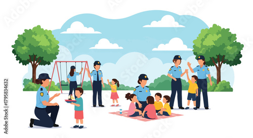 Flat vector illustration of police officers interacting with children at park outreach event. Solid bright palette, no gradients, community trust and safety promotion theme