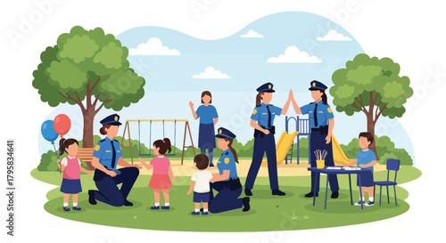 Flat vector illustration of police officers interacting with children at park outreach event. Solid bright palette, no gradients, community trust and safety promotion theme