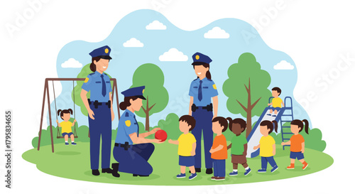 Flat vector illustration of police officers interacting with children at park outreach event. Solid bright palette, no gradients, community trust and safety promotion theme