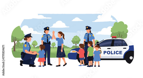 Flat vector illustration of police officers interacting with children at park outreach event. Solid bright palette, no gradients, community trust and safety promotion theme