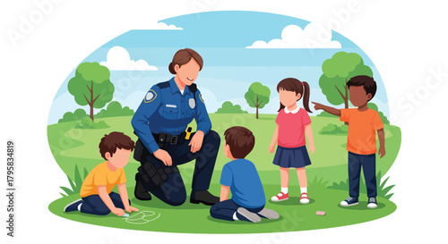 Flat vector illustration of police officers interacting with children at park outreach event. Solid bright palette, no gradients, community trust and safety promotion theme