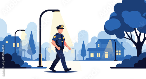 Flat vector illustration of police officer walking under streetlights during night patrol. Solid dark palette, clean composition, no gradients, urban law enforcement scene