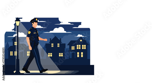 Flat vector illustration of police officer walking under streetlights during night patrol. Solid dark palette, clean composition, no gradients, urban law enforcement scene