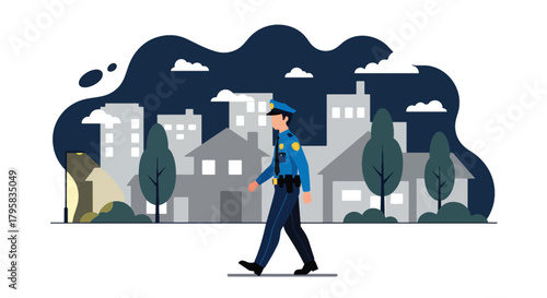 Flat vector illustration of police officer walking under streetlights during night patrol. Solid dark palette, clean composition, no gradients, urban law enforcement scene