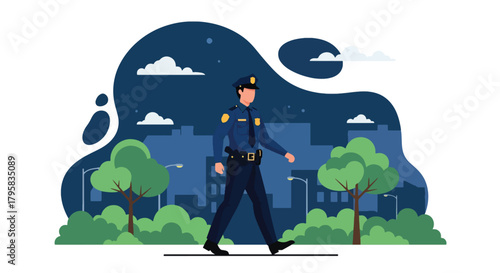 Flat vector illustration of police officer walking under streetlights during night patrol. Solid dark palette, clean composition, no gradients, urban law enforcement scene