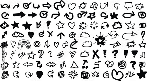 Collection of hand drawn doodle icons and symbols on white background