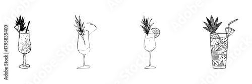 Tropical Cocktail Glasses Line Icon Set In Doodle Style. Exotic Beverage, Summer Drink, And Refreshment Outline Sketch Collection. Hand Drawn Isolated Vector Illustration