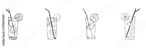 Lemonade Glasses With Slices Line Icon Set In Doodle Style. Refreshing Beverage, Summer Drink, And Citrus Infusion Outline Sketch Collection. Hand Drawn Isolated Vector Illustration