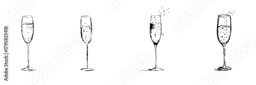 Champagne Flute Glasses Line Icon Set In Doodle Style. Celebration, Festivity, And Toasting Outline Sketch Collection. Elegant Party Drinkware. Hand Drawn Isolated Vector Illustration