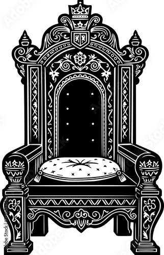 Royal Throne in Black and White: Ornate illustration of a regal throne set on a white background.
