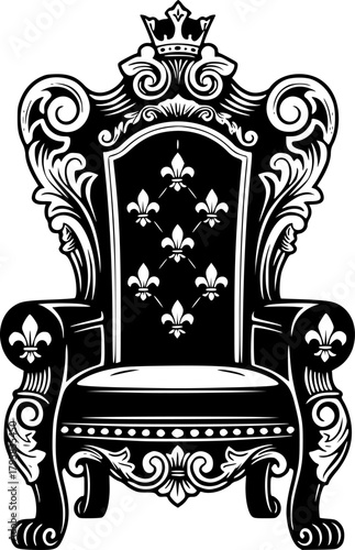 Royal Throne in Black and White: Ornate illustration of a regal throne set on a white background.
