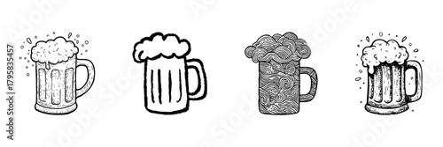 Beer Mug Line Icon Set In Doodle Style. Craft Beer, Brewing, And Beverage Celebration Outline Sketch Collection. Hand Drawn Isolated Vector Illustration