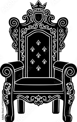 Royal Throne in Black and White: Ornate illustration of a regal throne set on a white background.
