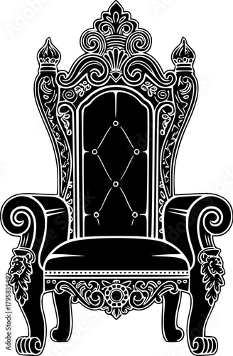 Royal Throne in Black and White: Ornate illustration of a regal throne set on a white background.
