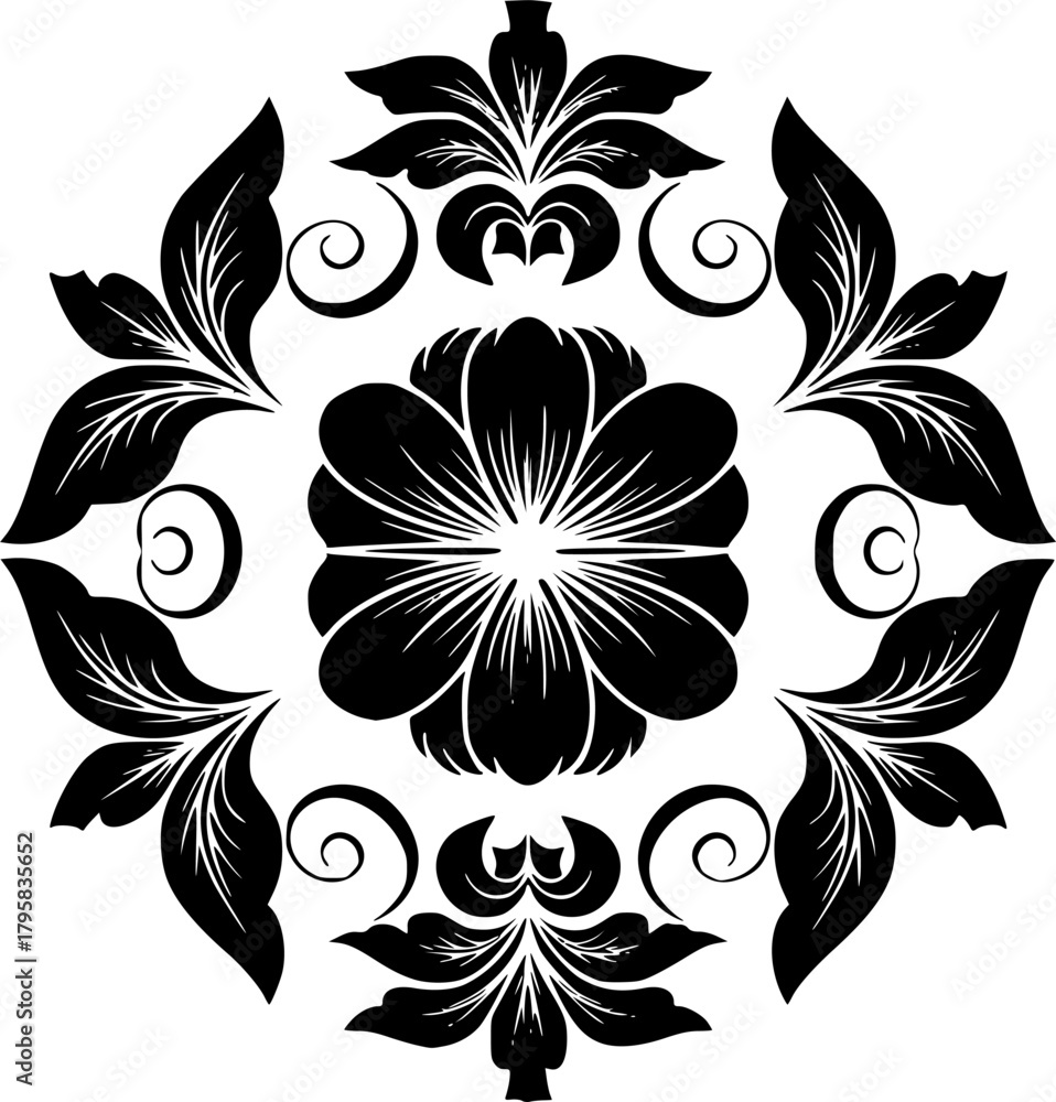 Obraz premium Elegant Black & White Floral Emblem, Circle Logo Design 