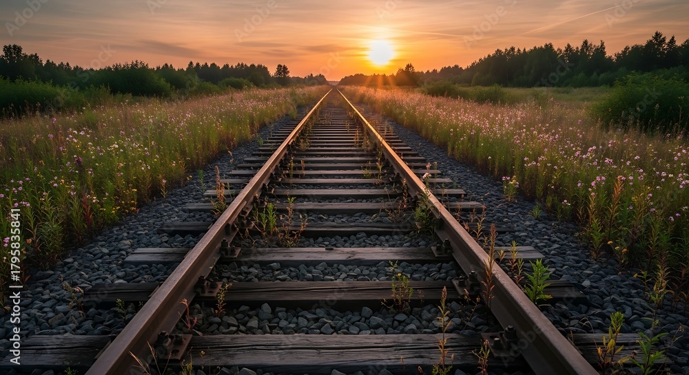 Obraz premium A linear perspective focuses on a set of train tracks leading towards a bright sunset. Lush greenery frames the railway