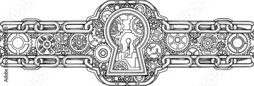Steampunk Chain Border: Geometric Keyhole and Gears, Line Art Design
