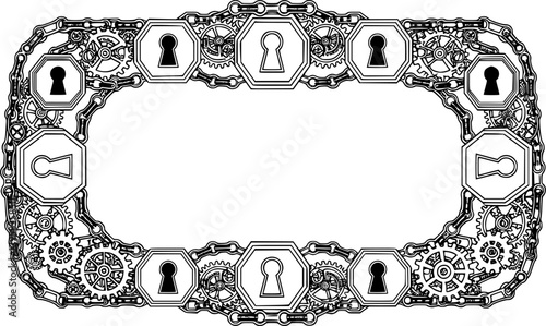 Steampunk Chain Border: Geometric Keyhole and Gears, Line Art Design

