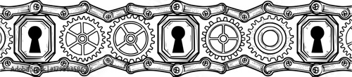 Steampunk Chain Border: Geometric Keyhole and Gears, Line Art Design
