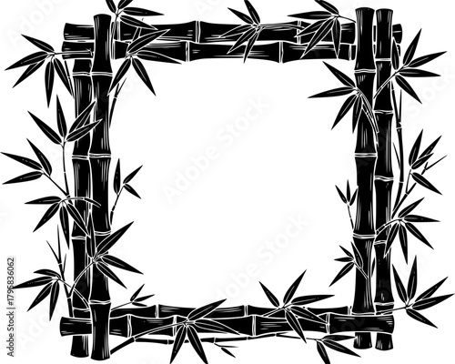 Silhouette frame of bamboo shoots and leaves in a square formation against a white background, creating a minimalist and elegant design.
