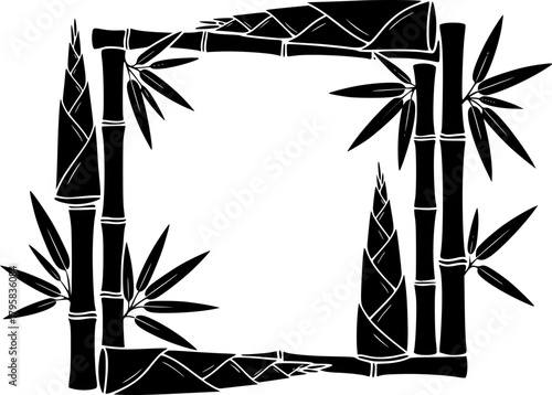 Silhouette frame of bamboo shoots and leaves in a square formation against a white background, creating a minimalist and elegant design.
