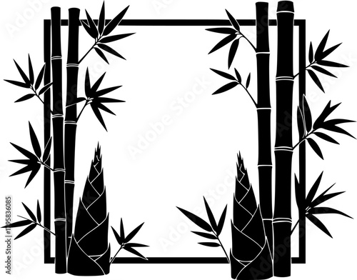 Silhouette frame of bamboo shoots and leaves in a square formation against a white background, creating a minimalist and elegant design.
