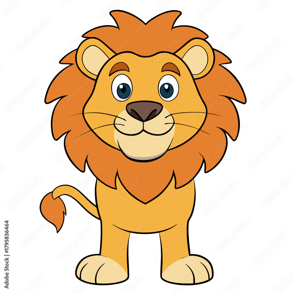 Fototapeta premium Cute cartoon lion standing and smiling with a large mane