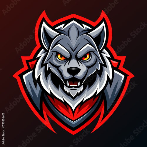 Aggressive gray wolf mascot with fiery eyes and red accents