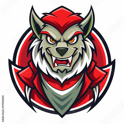 Fierce werewolf mascot character with red cape and sharp teeth